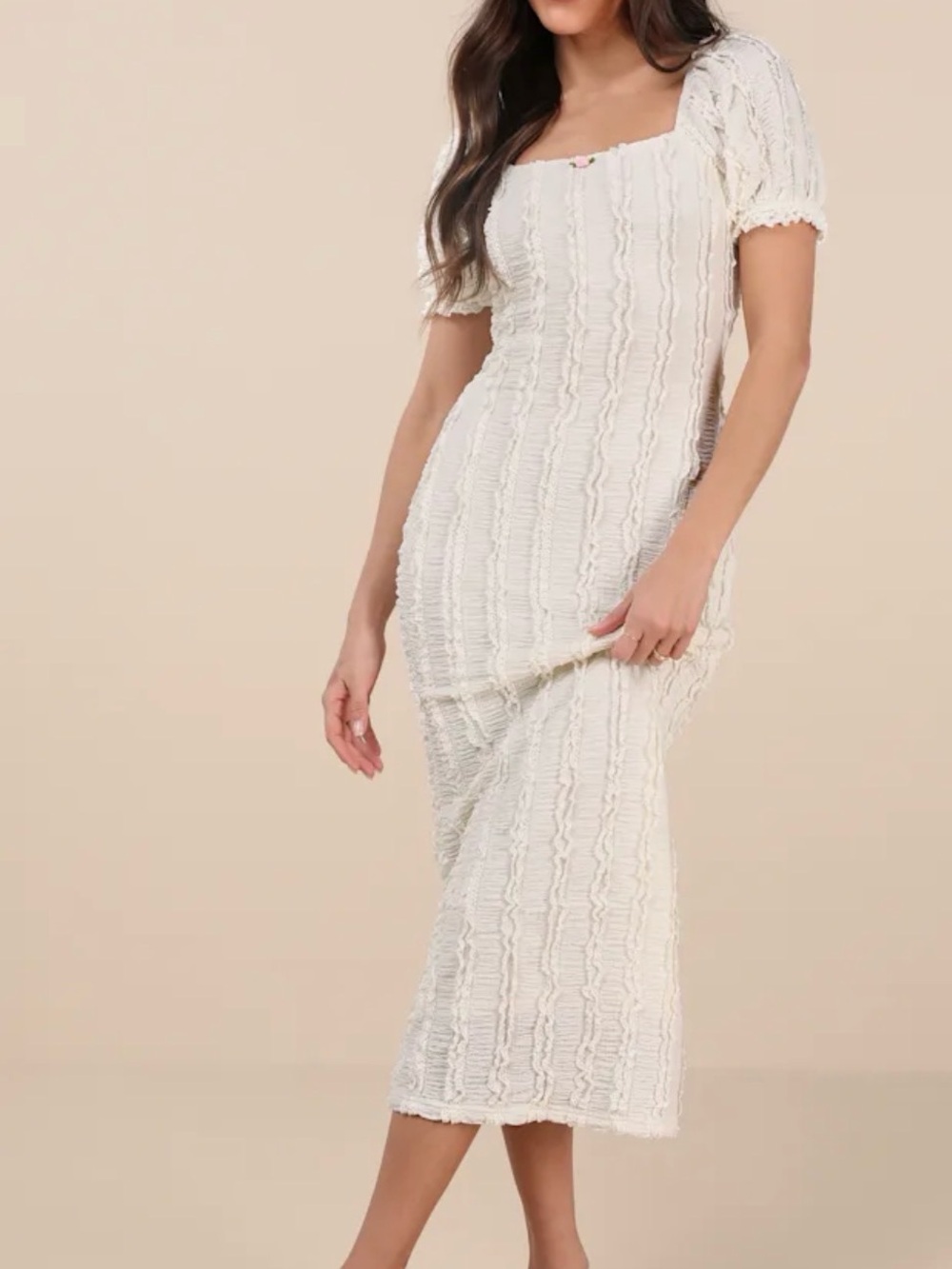 Lulu's Cream Textured Midi Dress with Square Neck